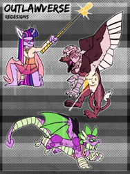 Size: 2625x3500 | Tagged: safe, artist:mrraapeti, spike, twilight sparkle, dragon, griffon, anthro, g4, bandage, clothes, high res, magic, winged spike, wings