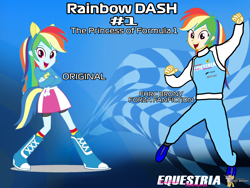Size: 2160x1620 | Tagged: safe, artist:forzaveteranenigma, rainbow dash, human, fanfic:equestria motorsports, equestria girls, g4, comparison, ear piercing, earring, human coloration, humanized, in the air, jewelry, jumping, looking at you, piercing, racing suit, watermark