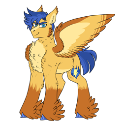 Size: 3000x3000 | Tagged: safe, artist:gingygin, flash sentry, pony, g4, alternate design, blaze (coat marking), chest fluff, coat markings, colored wings, facial markings, feathered fetlocks, high res, looking at you, multicolored wings, pale belly, simple background, solo, white background, wings