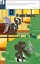 Size: 1280x2040 | Tagged: safe, artist:spectty, oc, oc:spectty, pegasus, pony, ask, bed, caption, clothes, flying, hat, image macro, pegasus oc, pun, striped tail, text, trixie's hat, tumblr, two toned mane, upside down