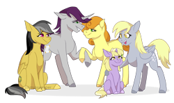 Size: 2300x1360 | Tagged: safe, artist:primrosepaper, carrot top, daring do, derpy hooves, dinky hooves, golden harvest, written script, earth pony, pegasus, pony, unicorn, g4, female, headcanon in the description, holding hooves, male, siblings, simple background, sitting, story included, straight, transparent background
