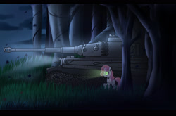 Size: 1920x1264 | Tagged: safe, artist:opal_radiance, sweetie belle, pony, robot, unicorn, g4, forest, glowing eyes, grass, night, outdoors, sweetie bot, tank (vehicle), tiger (tank), tiger h1, tiger i