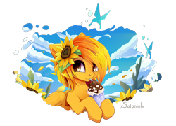 Size: 3600x2592 | Tagged: safe, artist:xsatanielx, oc, oc only, oc:firetale, pegasus, pony, commission, female, flower, food, high res, ice cream, solo, sunflower, wings, ych result
