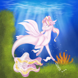 Size: 400x400 | Tagged: safe, artist:darkart5382, oc, oc only, seapony (g4), bubble, coral, crepuscular rays, fin wings, fins, fish tail, ocean, seaweed, signature, smiling, solo, sunlight, swimming, tail, underwater, water, wings