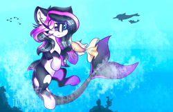Size: 1280x833 | Tagged: safe, artist:luchiaxd, oc, oc only, fish, merpony, bubble, cute, dorsal fin, ear fluff, fish tail, flowing mane, flowing tail, ocean, smiling, solo, sunlight, swimming, tail, underwater