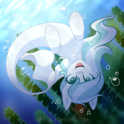 Size: 1536x1536 | Tagged: safe, artist:x-emilytheunicorn-x, oc, oc only, seapony (g4), bubble, crepuscular rays, digital art, female, fish tail, flowing mane, flowing tail, ocean, open mouth, seaweed, smiling, solo, sunlight, swimming, tail, underwater, water