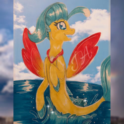 Size: 750x750 | Tagged: safe, artist:jdash15, princess skystar, seapony (g4), g4, my little pony: the movie, cloud, dorsal fin, female, fin wings, fins, fish tail, jewelry, necklace, ocean, pearl necklace, red wings, sky, smiling, solo, sparkles, tail, water, wings
