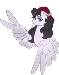 Size: 656x841 | Tagged: safe, artist:liefsong, oc, oc only, oc:sugar leaves, pegasus, pony, backwards ballcap, baseball cap, cap, hat, simple background, solo, tongue out, transparent background, wing hands, wings
