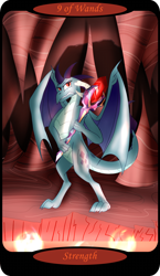Size: 1500x2591 | Tagged: safe, artist:sixes&sevens, part of a set, princess ember, dragon, g4, angry, bloodstone scepter, cave, dragon lord ember, dragoness, female, lava, minor arcana, nine of wands, solo, stalactite, stalagmite, tarot card, wings