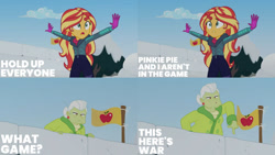 Size: 1280x720 | Tagged: safe, edit, edited screencap, editor:quoterific, screencap, granny smith, sunset shimmer, equestria girls, equestria girls series, g4, holidays unwrapped, saving pinkie's pie, spoiler:eqg series (season 2), duo, duo female, female, flag, open mouth, snow, snow fort, snowball, snowball fight