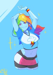 Size: 1400x2000 | Tagged: safe, artist:sozglitch, rainbow dash, equestria girls, g4, belly button, clothes, compression shorts, cutie mark, cutie mark on clothes, jacket, midriff, shorts, shorts under skirt, skirt, solo, stretching, wristband