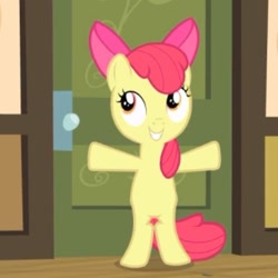 Size: 465x465 | Tagged: safe, screencap, apple bloom, earth pony, pony, g4, season 4, somepony to watch over me, bipedal, cropped, door, female, filly, smiling, solo, standing on two hooves