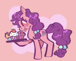 Size: 1981x1596 | Tagged: safe, artist:kindofmax, sugar belle, pony, unicorn, g4, cupcake, februpony, female, food, mare, pink background, simple background, solo, tongue out