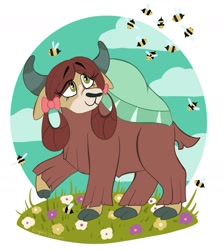 Size: 1657x1855 | Tagged: safe, artist:crypticcervine, yona, bee, insect, yak, g4, bow, cloven hooves, cute, female, flower, hair bow, monkey swings, smiling, solo, this will end in pain, yonadorable