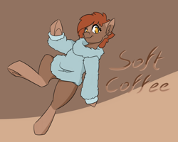 Size: 3000x2400 | Tagged: safe, artist:sneetymist, oc, oc only, oc:soft coffee, earth pony, pony, blank flank, bottomless, clothes, coat markings, female, fluffy, fluffy sweater, high res, mare, no tail, partial nudity, simple background, socks (coat markings), solo, sweater