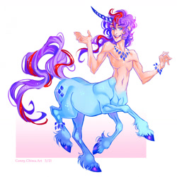 Size: 1280x1279 | Tagged: safe, artist:connychiwa, sparkler (g1), centaur, pony, unicorn, g1, centaurified, clothes, male, partial nudity, rule 63, solo, species swap, topless