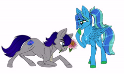 Size: 9071x5451 | Tagged: safe, artist:celestial-rainstorm, oc, oc only, oc:maverick, oc:ocean soul, earth pony, pegasus, pony, absurd resolution, female, flower, male, mare, soulverick, stallion