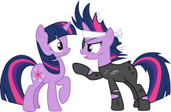 Size: 4572x3000 | Tagged: safe, artist:cloudy glow, twilight sparkle, pony, unicorn, g4, it's about time, .ai available, alternate hairstyle, angry, duo, duo female, eye contact, eyepatch, female, future twilight, high res, horn, looking at each other, looking at someone, mare, multicolored mane, multicolored tail, open mouth, pointing, purple eyes, raised hoof, self ponidox, shocked, simple background, standing, tail, time paradox, transparent background, unicorn twilight, vector
