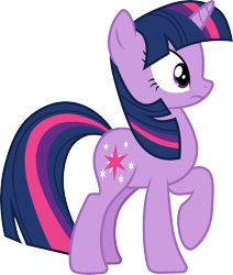 Size: 3000x3540 | Tagged: safe, artist:cloudy glow, twilight sparkle, pony, unicorn, g4, it's about time, female, full body, high res, horn, mare, multicolored mane, multicolored tail, purple eyes, raised hoof, shocked, simple background, solo, standing, tail, transparent background, unicorn twilight, vector