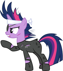 Size: 3000x3349 | Tagged: safe, artist:cloudy glow, twilight sparkle, pony, unicorn, g4, it's about time, angry, eyepatch, female, full body, future twilight, high res, horn, mare, multicolored mane, multicolored tail, open mouth, pointing, purple eyes, simple background, solo, standing, tail, transparent background, unicorn twilight, vector
