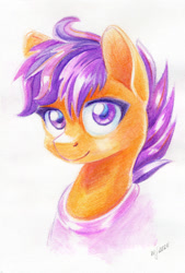 Size: 700x1034 | Tagged: safe, artist:maytee, scootaloo, pegasus, pony, g4, bust, clothes, colored pencil drawing, cute, cutealoo, looking at you, portrait, smiling, solo, traditional art