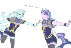 Size: 1024x700 | Tagged: safe, artist:misochikin, starlight glimmer, trixie, equestria girls, g4, arms wide open, duo, duo female, eared humanization, eyes closed, female, horn, horned humanization, open mouth, open smile, smiling, tailed humanization, uma musume pretty derby, umapyoi densetsu
