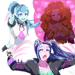 Size: 1024x1024 | Tagged: safe, artist:misochikin, adagio dazzle, aria blaze, sonata dusk, equestria girls, g4, crossover, finger gun, mihono bourbon, open mouth, open smile, smiling, smirk, t.m. opera o, tongue out, uma musume pretty derby, vodka (uma musume)