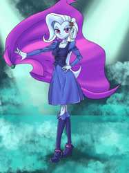 Size: 1280x1707 | Tagged: safe, artist:xjleiu, trixie, equestria girls, g4, ankle boots, cape, clothes, dress, female, hairpin, hand on hip, solo, trixie's cape