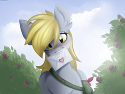 Size: 1600x1200 | Tagged: safe, artist:cottonaime, derpy hooves, pegasus, pony, g4, blushing, cute, derpabetes, heart, letter, looking at you, mailbag, mouth hold, smiling, solo, sweet dreams fuel