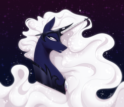 Size: 5328x4590 | Tagged: dead source, safe, artist:emalajissda, princess luna, alicorn, pony, g4, alternate design, beautiful, blue background, bust, colored horn, crown, female, gradient background, helmet, horn, horn cap, jewelry, male, mare, peytral, regalia, simple background, solo, white eyes, white-haired luna
