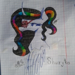 Size: 768x768 | Tagged: safe, artist:shards_of_black_glass, oc, oc only, alicorn, pony, alicorn oc, bust, eyelashes, female, graph paper, hanahaki disease, horn, mare, multicolored hair, rainbow hair, signature, traditional art, wings