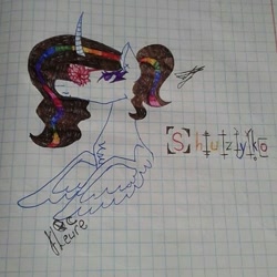 Size: 474x474 | Tagged: safe, artist:shards_of_black_glass, oc, oc only, alicorn, pony, alicorn oc, bust, eyelashes, female, graph paper, hanahaki disease, horn, mare, multicolored hair, rainbow hair, signature, traditional art, wings