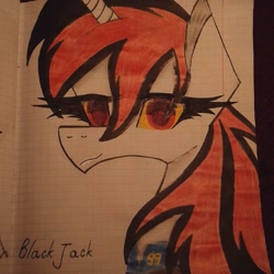Size: 1080x1080 | Tagged: safe, artist:shards_of_black_glass, oc, oc only, oc:blackjack, pony, unicorn, fallout equestria, fallout equestria: project horizons, bust, clothes, eyelashes, female, horn, mare, smiling, solo, traditional art
