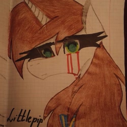 Size: 1080x1080 | Tagged: safe, artist:shards_of_black_glass, oc, oc only, oc:littlepip, pony, unicorn, fallout equestria, fallout equestria: project horizons, blood, bust, clothes, crying, eyelashes, fanfic art, female, graph paper, horn, mare, smiling, solo, tears of blood, traditional art