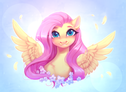 Size: 2739x2000 | Tagged: safe, alternate version, artist:sparkling_light, fluttershy, pegasus, pony, g4, :3, blue background, blushing, bust, chest fluff, cute, daaaaaaaaaaaw, feather, female, flower, grin, high res, lip bite, looking at you, mare, portrait, shyabetes, simple background, smiling, solo, spread wings, wings