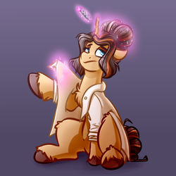 Size: 4000x4000 | Tagged: safe, artist:witchtaunter, oc, oc only, pony, unicorn, chef, chest fluff, commission, dressing, ear fluff, female, getting dressed, gradient background, hairpin, levitation, magic, partially undressed, sitting, solo, telekinesis, tired