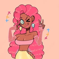 Size: 1080x1080 | Tagged: safe, artist:theapplequeenmaniac2, pinkie pie, human, g4, ;p, breasts, busty pinkie pie, cleavage, clothes, dark skin, ear piercing, earring, eyelashes, female, fishnet stockings, humanized, jewelry, licking, licking lips, one eye closed, peace sign, piercing, pink background, simple background, skirt, solo, tongue out, wink