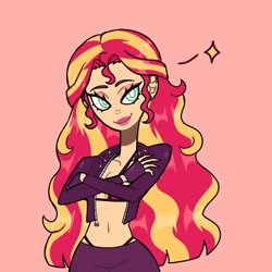 Size: 1080x1080 | Tagged: safe, artist:theapplequeenmaniac2, sunset shimmer, human, bust, clothes, crossed arms, ear piercing, earring, eyelashes, female, fingerless gloves, gloves, humanized, jacket, jewelry, lipstick, piercing, pink background, simple background, smiling, solo