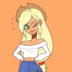 Size: 1080x1080 | Tagged: safe, artist:theapplequeenmaniac2, applejack, human, g4, clothes, eyelashes, female, freckles, grin, hand on hip, hat, humanized, one eye closed, shorts, simple background, smiling, solo, wink