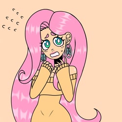Size: 1080x1080 | Tagged: safe, artist:theapplequeenmaniac2, fluttershy, human, breasts, busty fluttershy, clothes, cute, ear piercing, earring, eyelashes, female, humanized, jewelry, orange background, piercing, shyabetes, simple background, solo, surprised