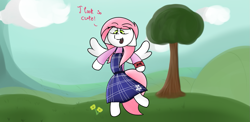 Size: 1179x577 | Tagged: safe, artist:inky scroll, oc, oc only, oc:sugar morning, pegasus, semi-anthro, arm hooves, clothes, cloud, cute, dialogue, dress, solo, tree