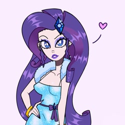 Size: 1080x1080 | Tagged: safe, artist:theapplequeenmaniac2, rarity, human, bracelet, clothes, ear piercing, eyelashes, female, hand on hip, heart, humanized, jewelry, lipstick, makeup, nail polish, piercing, simple background, smiling, solo