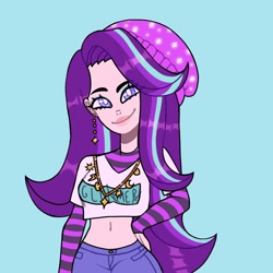 Size: 1080x1080 | Tagged: safe, artist:theapplequeenmaniac2, starlight glimmer, human, arm warmers, beanie, blue background, clothes, ear piercing, eyelashes, female, hand on hip, hat, humanized, jewelry, necklace, pants, piercing, simple background, smiling, solo