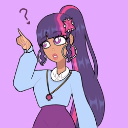 Size: 1080x1080 | Tagged: safe, artist:theapplequeenmaniac2, twilight sparkle, human, clothes, confused, dark skin, ear piercing, earring, eyelashes, female, humanized, jewelry, necklace, piercing, purple background, simple background, solo