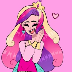 Size: 1080x1080 | Tagged: safe, artist:theapplequeenmaniac2, princess cadance, human, :d, bracelet, clothes, ear piercing, eyelashes, eyes closed, female, heart, humanized, jewelry, piercing, pink background, simple background, smiling, solo
