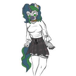 Size: 1500x1500 | Tagged: safe, artist:darnelg, oc, oc only, oc:forest glade, hybrid, zebra, zebracorn, zony, anthro, blouse, clothes, colored sketch, ear piercing, female, lidded eyes, looking down, neck rings, piercing, plaid skirt, simple background, skirt, socks, solo, thigh highs, white background