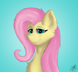 Size: 3184x2952 | Tagged: safe, artist:flapstune, fluttershy, pegasus, pony, g4, blue background, bust, cheek fluff, chest fluff, ear fluff, female, fluffy, high res, looking at you, mare, signature, simple background, smiling, solo