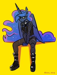 Size: 1567x2048 | Tagged: safe, artist:lrusu, princess luna, alicorn, anthro, g4, boots, choker, ear piercing, female, fishnet stockings, goth, industrial piercing, looking at you, mare, piercing, platform boots, platform shoes, punk, punk luna, shoes, simple background, sitting, solo, yellow background