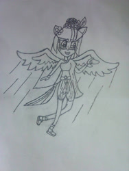 Size: 972x1296 | Tagged: safe, artist:mudmee-thai, oc, oc only, equestria girls, g4, clothes, equestria girls-ified, female, grin, lineart, ponied up, smiling, solo, spread wings, traditional art, wings