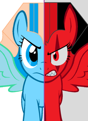 Size: 676x932 | Tagged: safe, artist:mudmee-thai, oc, oc only, pegasus, pony, angry, eye scar, eyelashes, pegasus oc, scar, solo, split screen, spread wings, wings